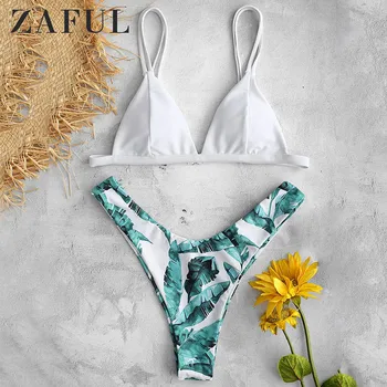 

ZAFUL women swimsuit bikini summer biquini Tropical Leaves Contrast Plant low wait Thong Bikini Set print bikinis 2019 mujer