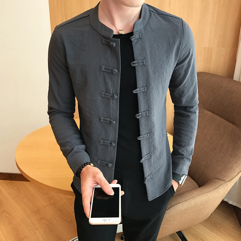 Мужская приталенная рубашка с длинным рукавом в китайском стиле офисная одежда