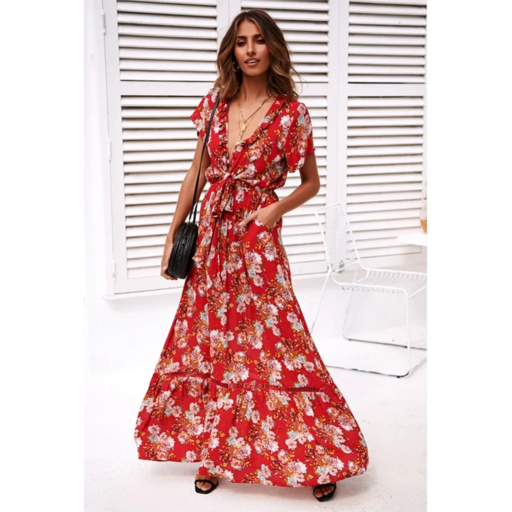 Strike Out Floral Print Long Dress Women Big Hem Deep V neck Short Sleeve Belt Dress Ladies Summer Boho Gypsy Maxi Dress 2018
Strike Out Floral Print Long Dress Women Big Hem Deep V neck Short Sleeve Belt Dress Ladies Summer Boho Gypsy Maxi Dress 2018