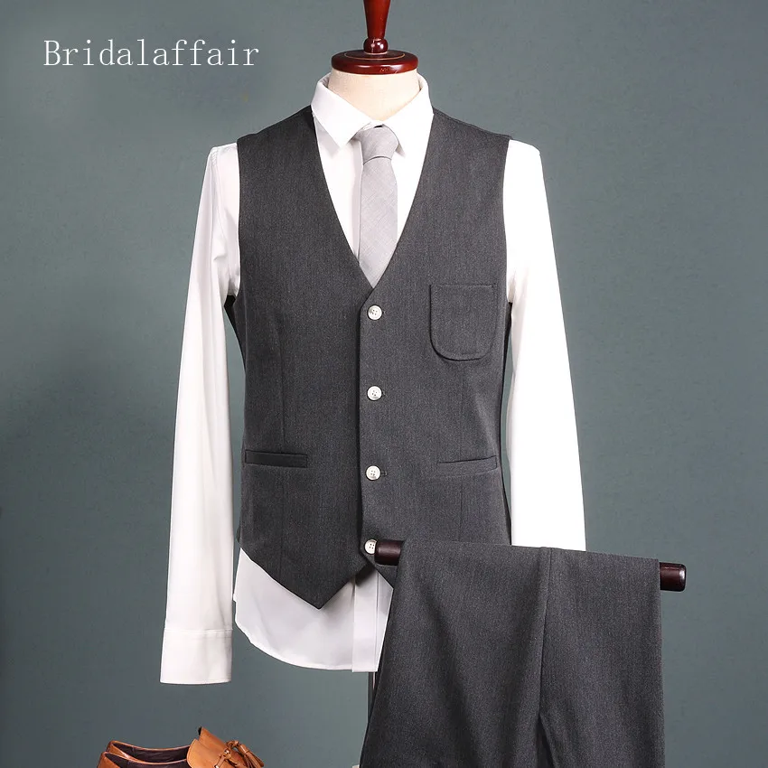 Bridalaffair 2018 мужские костюмы комплект (пиджак + жилет брюки) темно серый смокинг