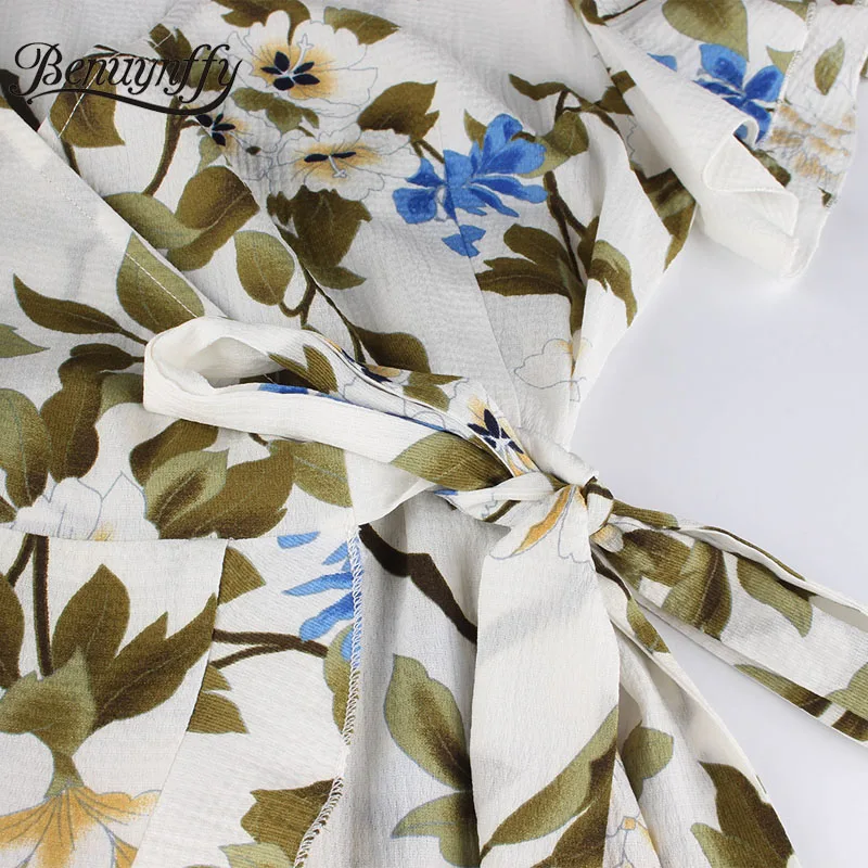 Benuynffy женское летнее платье 2019 Boho Цветочный принт галстук Талия пляжное туника