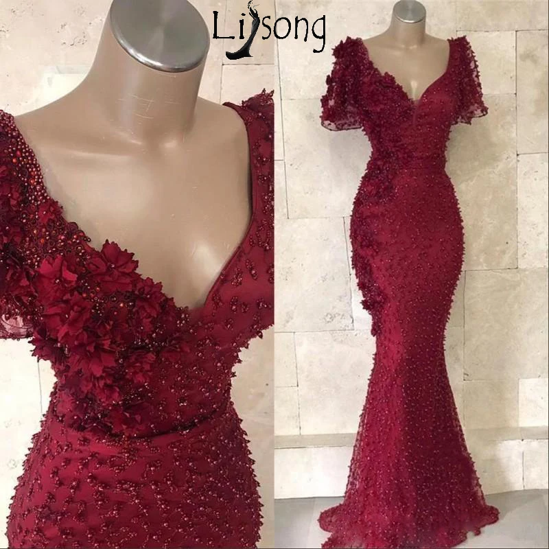 2019 New Arrival Burgundy Mermaid Evening Dresses Wear V Neck Short Sleeves 3D Flowers Pearls Floor Length Plus Size Prom Party Gowns 229