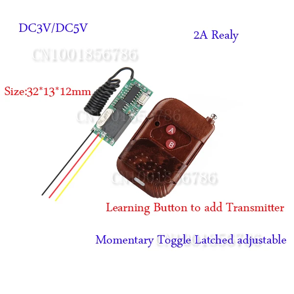 DC3V DC5V Remote Control Switch System Mini Volume Transmitter Receiver Add Transmitter Working way Adjust FreeShiping
DC3V DC5V Remote Control Switch System Mini Volume Transmitter Receiver Add Transmitter Working way Adjust FreeShiping