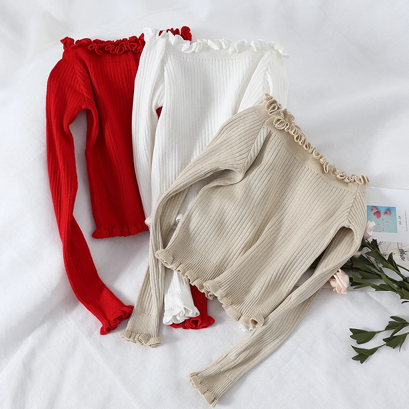 2019 Women Sexy Long Sleeve Ruffles Knitted Crop Short Sweater Pullover Slash Neck Elastic Knit Tees T-Shirts Tops Streetwear
2019 Women Sexy Long Sleeve Ruffles Knitted Crop Short Sweater Pullover Slash Neck Elastic Knit Tees T-Shirts Tops Streetwear