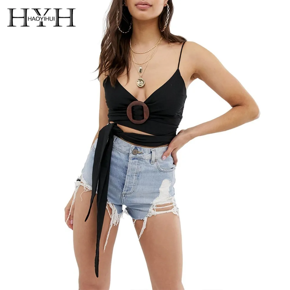 Фото HYH Haoyihui Contracted Sexy Spaghetti Straps Femme Summer Stylish Slim Shoulder Strap V Tie Waistband Short Waistcoat | Женская одежда