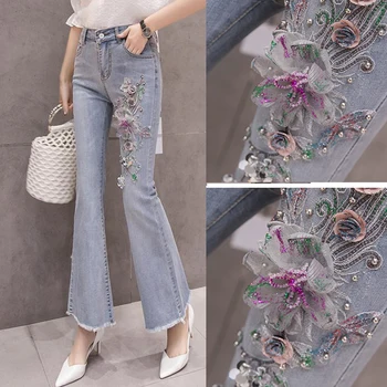 Spring Fall Women High Waisted Beading Glitters Flower Tassel Stretch Denim Flare Pants , Woman Embroidery Floral Jeans Trousers
Spring Fall Women High Waisted Beading Glitters Flower Tassel Stretch Denim Flare Pants , Woman Embroidery Floral Jeans Trousers
