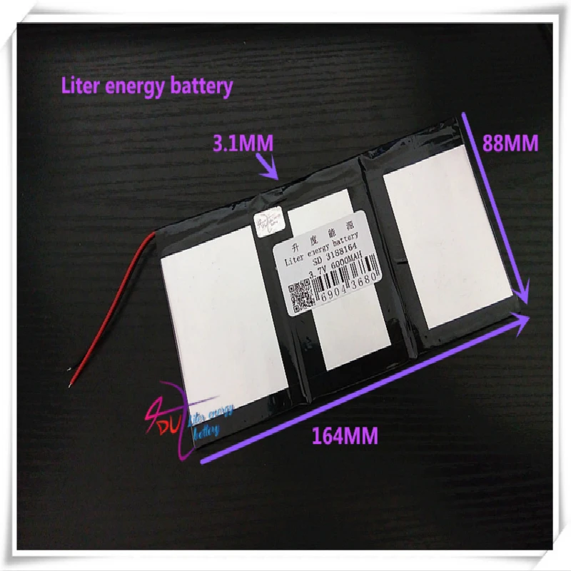 3,7 V 6000mAH 3188164 (полимерный литий-ионный/литий-ионный аккумулятор) для планшетного ПК телефон динамик POWER BANK
3,7 V 6000mAH 3188164 (полимерный литий-ионный/литий-ионный аккумулятор) для планшетного ПК телефон динамик POWER BANK