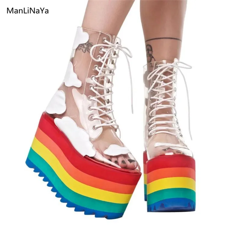 Print Clouds Transparent PVC Party Sandal Boots Brand Design Rainbow Plarform Shoes Woman Cross-tied Wedges Female Summer Boots
Print Clouds Transparent PVC Party Sandal Boots Brand Design Rainbow Plarform Shoes Woman Cross-tied Wedges Female Summer Boots