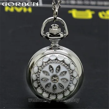 

Vintage White Flower Style Pocket Watch Classic Pendant Silver Quartz Pocket Watch Women Lady Dress With Long Chain P205