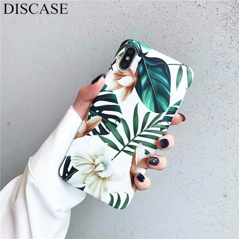 

DISCASE IMD Gloss Phone Case For iphone XS XR XS MAX 8 7 6plus Fashion INS Wind Retro Literary Small Fresh Flowers Leaves Cover