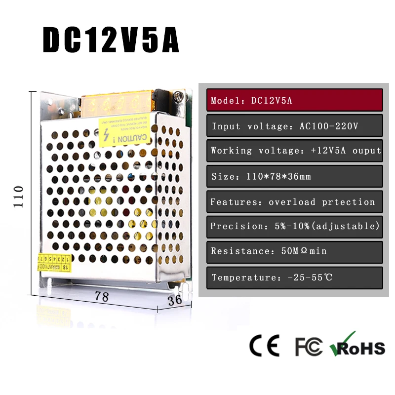 

A 100V-240V to DC 12V 5A 60W Voltage power adapter Transformer Switch Power Supply for Led control Led switch LED display