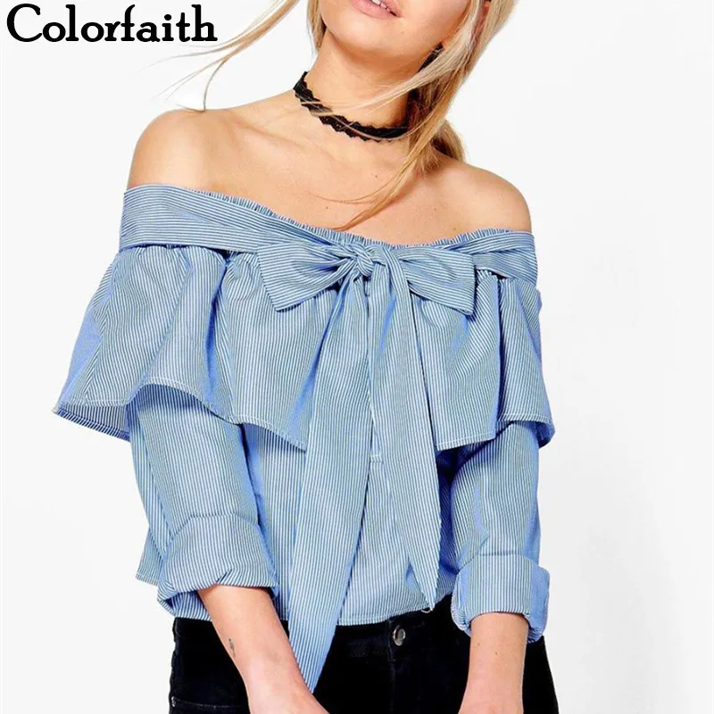 Colorfaith Women Blouses 2018 Spring Summer Ruffles Sexy Slash Neck Bow Striped Ladies Elegant Retro Fashion Tops shirt BL353
Colorfaith Women Blouses 2018 Spring Summer Ruffles Sexy Slash Neck Bow Striped Ladies Elegant Retro Fashion Tops shirt BL353