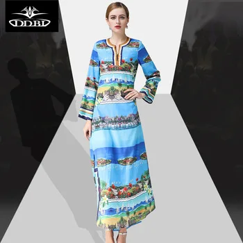 runway dresses 2017 women high quality maxi long dress with long sleeves sea scenary printed bue dress for ladies summer 17509