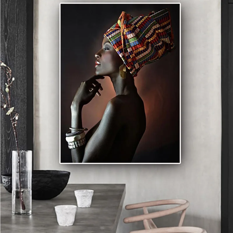 

African Nude Woman Indian Headband Portrait Canvas Painting Posters and Prints Scandinavian Wall Art Picture for Living Room