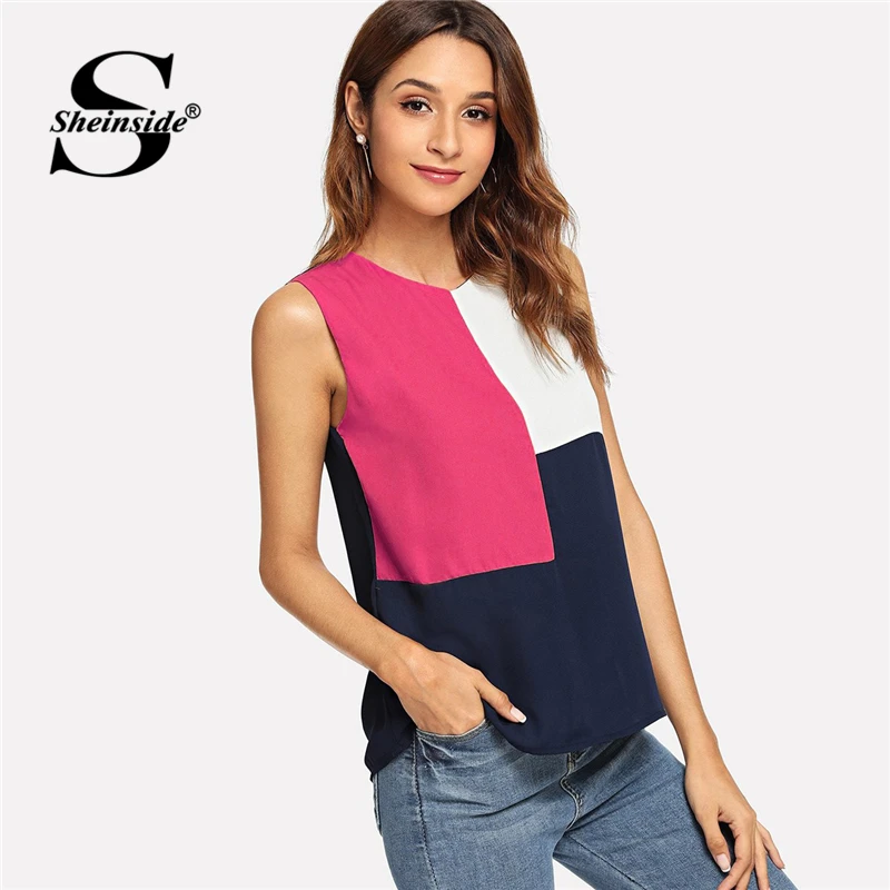 

Sheinside Multicolor Cut and Sew Keyhole Back Top Blouse Ladies OL Work Summer Tops for Women 2019 Colorblock Sleeveless Blouses