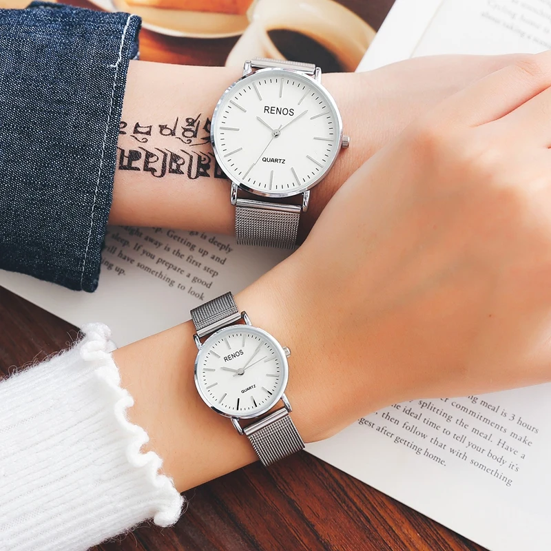 

RENOS Lovers' Wristwatches In Box Fashion Stainless Steel Quartz Watches Simple Casual Watch Luxury Feminine Relojes de pulsera