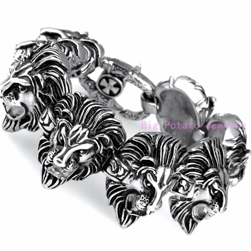 

Huge Domineering Silver Black Color Lion Head Casting Bracelet 316L Stainless Steel Cool Men Cuff Bangle Jewelry 20cm*30mm