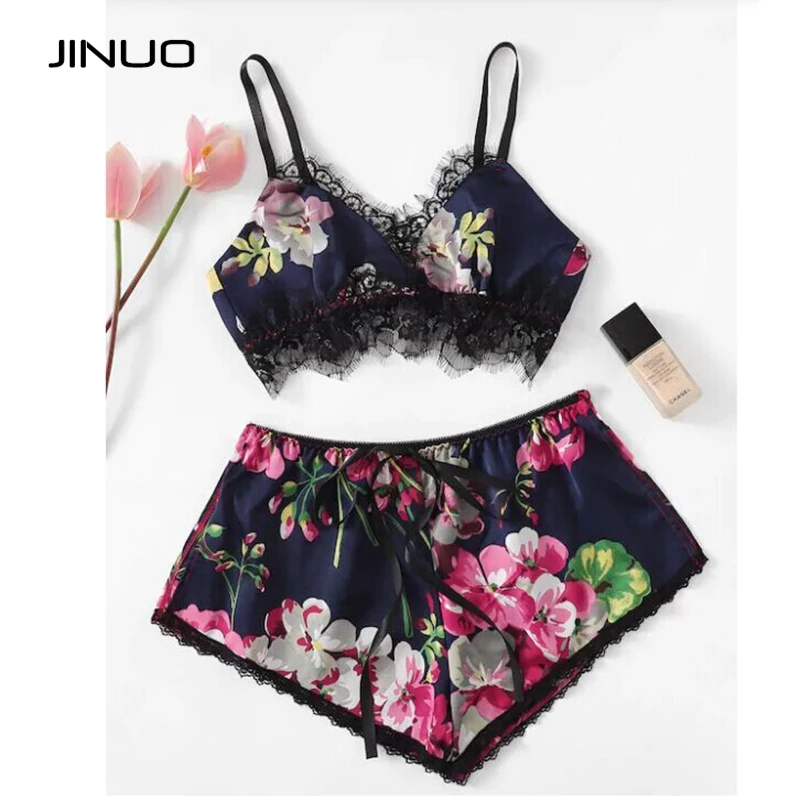 JINUO цветочный женский пижамный комплект Сексуальная атласная пижама на весну и
