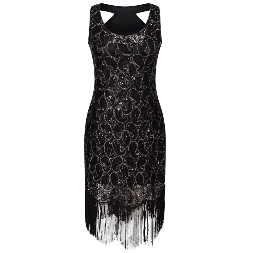 Women's 1920s Sequin Paisley Pattern Sleeveless Racer Back Flapper Black Gold Dress Sexy Fringe Great Gatsby Party | Женская одежда