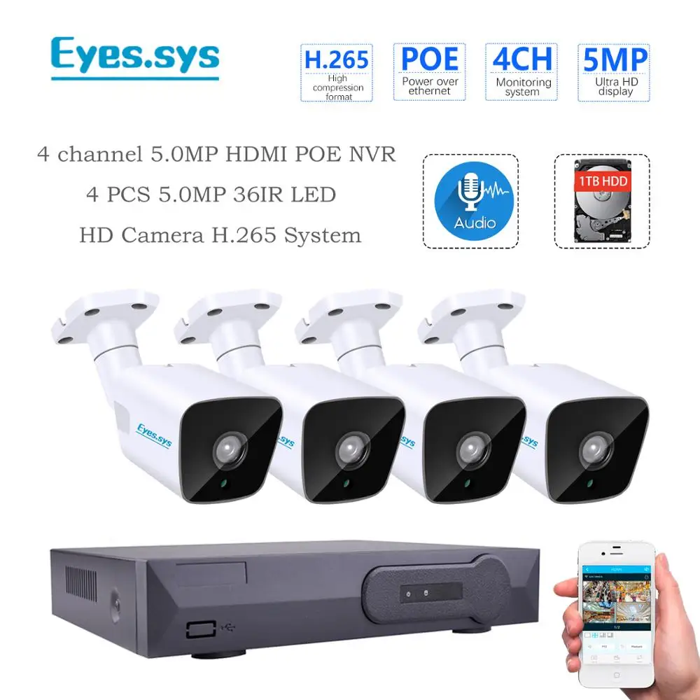 Eyessys H.265 4 шт. 5MP 2560x1920P ИК наружная IP камера ночного видения AUDID CCTV POE HDMI NVR P2P звуковая
