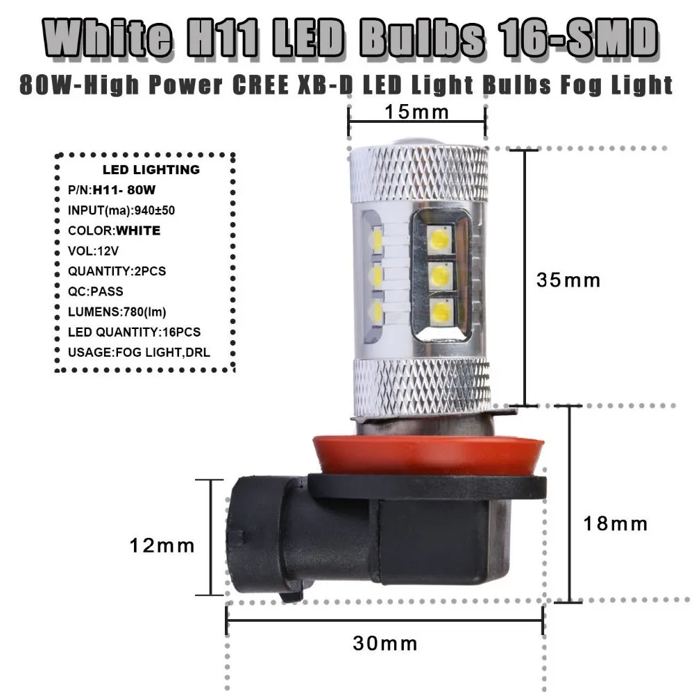 2 AMPOULE 16 LED CREE Chips 80W 950 LUMENS 6000K FEUX PHARE ANTIBROUILLARD H11 H8
2 AMPOULE 16 LED CREE Chips 80W 950 LUMENS 6000K FEUX PHARE ANTIBROUILLARD H11 H8