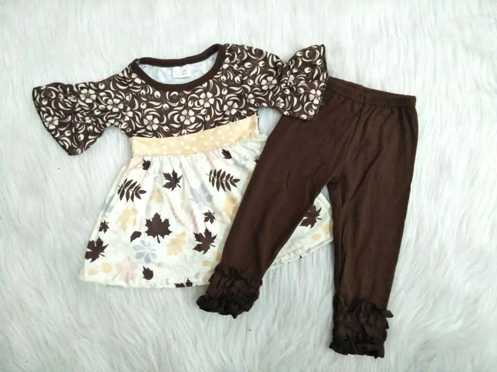 

Wholesale/retail baby girls flower leaf outfits flare sleeve top+coffee color pants 2 pcs set children's clothing gxj