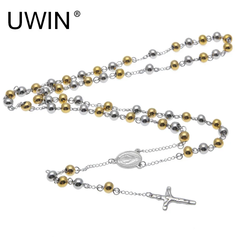 UWIN Men Cross Jesus Pendant Rosary Necklace Charms Gold With Silver Stainless Steel Bead Chain Women Fashion Jewelry | Украшения и