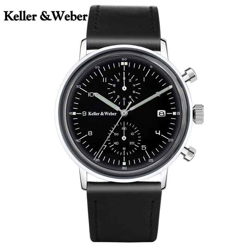 Keller & Weber Business Classic Calendar Genuine Leather Band Strap Men Chronograph Date Display Brief Paragraph Wrist Watch | Наручные