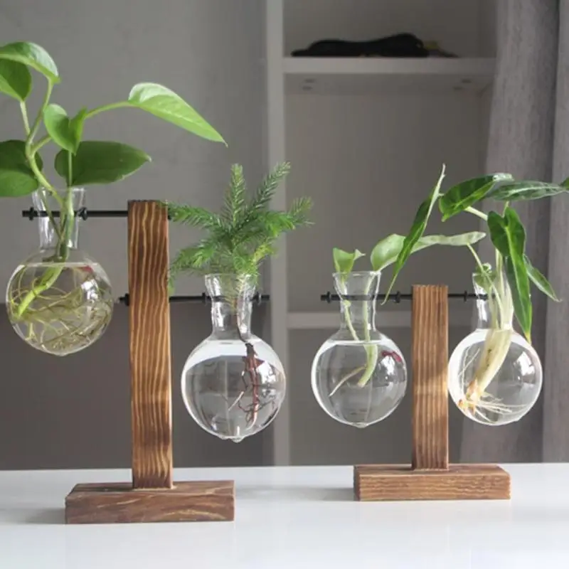 US STOCK Creative Glass Tabletop Plant Bonsai Flower Vase Wooden Tray Home Decor 