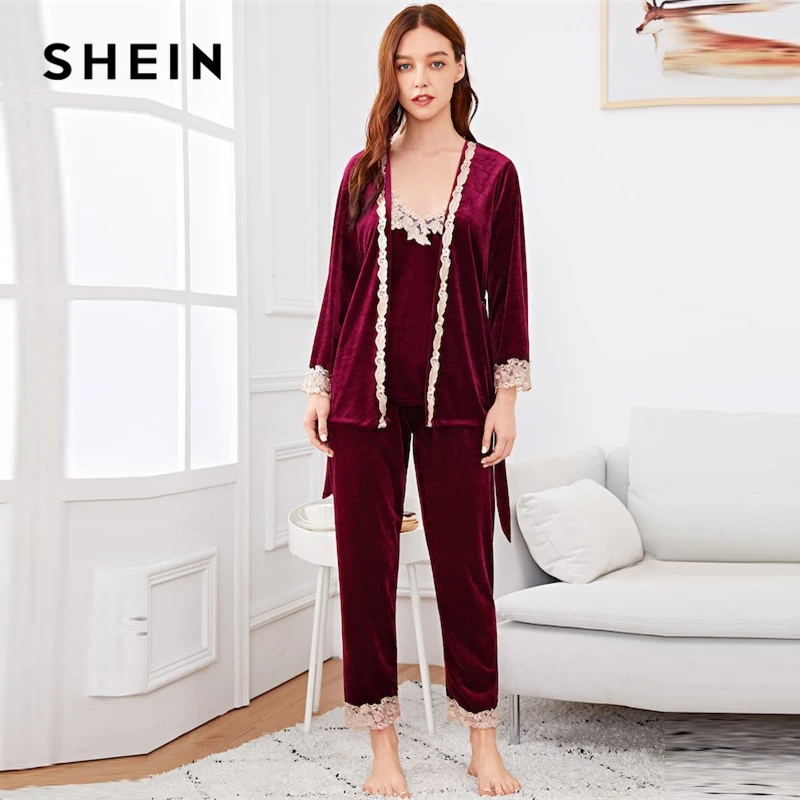 SHEIN Burgundy Contrast Lace Cami Belted Pajama Set With Robe Women Spring Nightwear Tops With Long Pants Autumn Pjs Women
SHEIN Burgundy Contrast Lace Cami Belted Pajama Set With Robe Women Spring Nightwear Tops With Long Pants Autumn Pjs Women