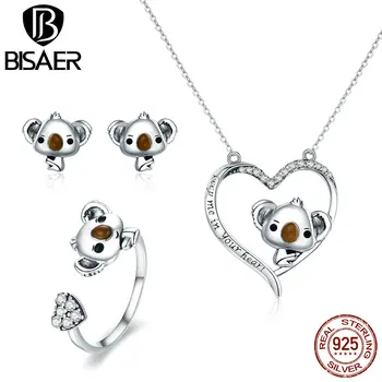 

BISAER Authentic 925 Sterling Silver Clear CZ Koala Lazy Animal Earrings Ring Necklace Jewelry For Women Birthday Gift GUS062