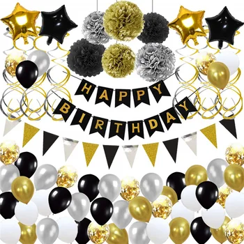 Happy Birthday Banner Decorations Set Black Silver Gold Paper Pompoms Spiral Charm Star Foil Confetti Balloon for Birthday Party
Happy Birthday Banner Decorations Set Black Silver Gold Paper Pompoms Spiral Charm Star Foil Confetti Balloon for Birthday Party