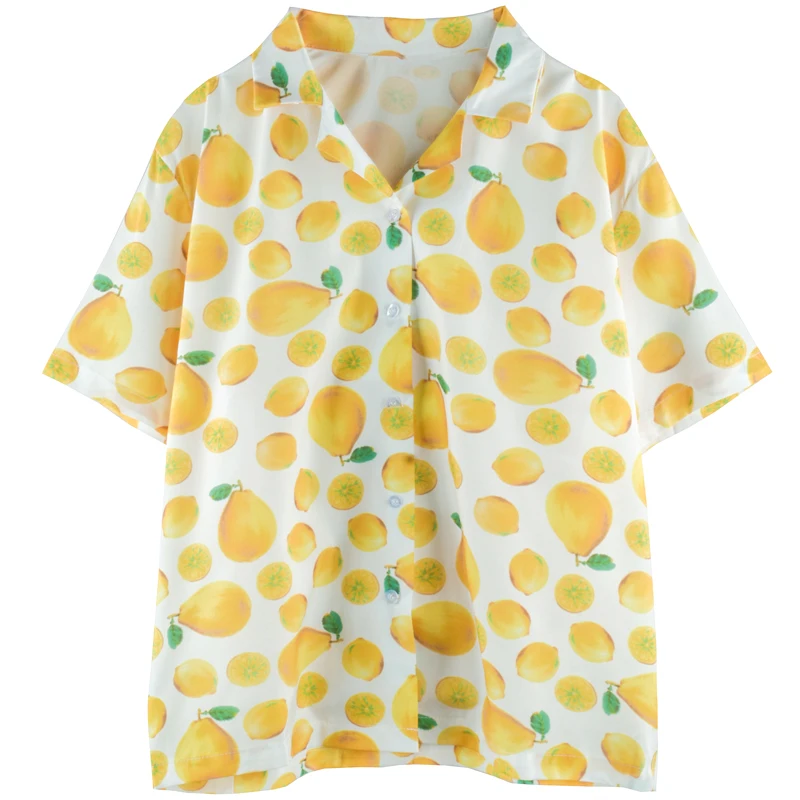 PERHAPS U hawaii yellow lemon print turn down collar button shirt short sleeve summer casual beach women B0158
PERHAPS U hawaii yellow lemon print turn down collar button shirt short sleeve summer casual beach women B0158