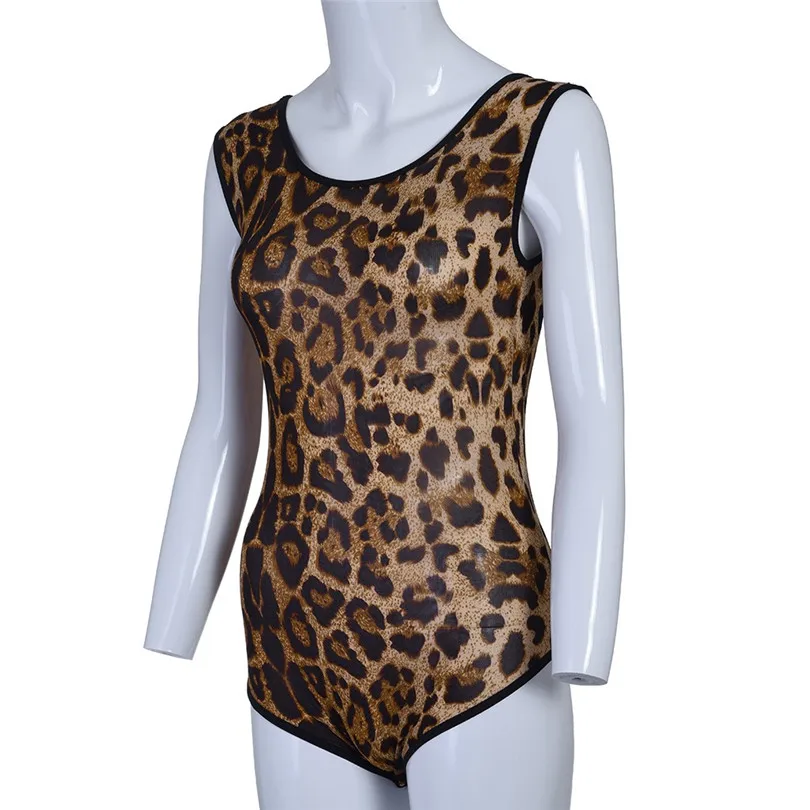 Mesh Perspective Leopard Sexy Bodysuit Women O Neck Backless Tight Sleeveless Jumpsuit Playsuit Rompers Feminino 40APR1105