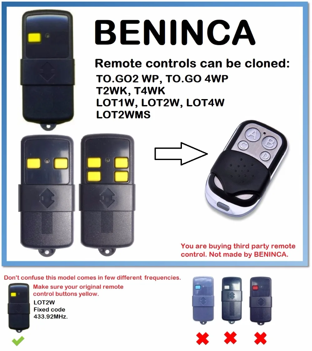 BENINCA LOT1W , LOT2W, LOT4W Remote Control Duplicator 4-Channel 433.92MHz. (only for 433.92mhz fixed code)
BENINCA LOT1W , LOT2W, LOT4W Remote Control Duplicator 4-Channel 433.92MHz. (only for 433.92mhz fixed code)