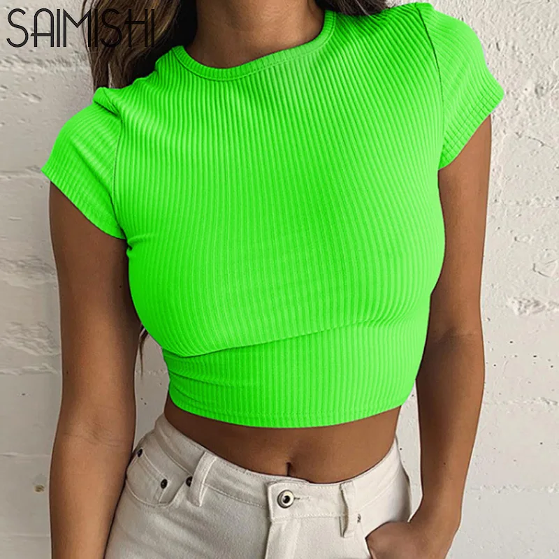 

Saimishi Rib Knit Neon Color Women Tees Summer Short Sleeve O Neck Slim Fit Girls Tops Fluorescent Green Casual Short T-Shirt