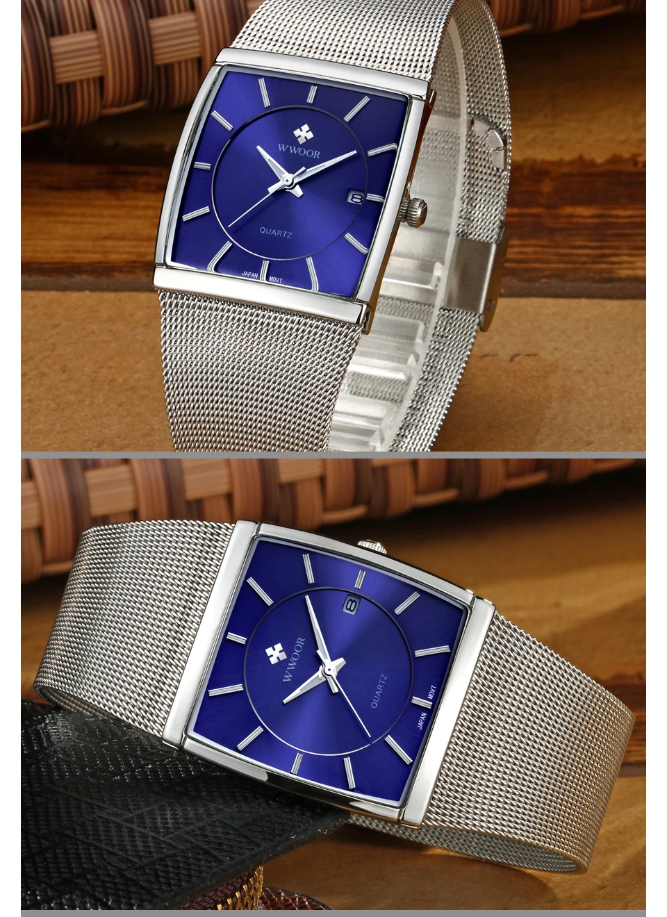 WWOOR Brand Mens Watches Men Square Quartz Wristwatch Date Japan 