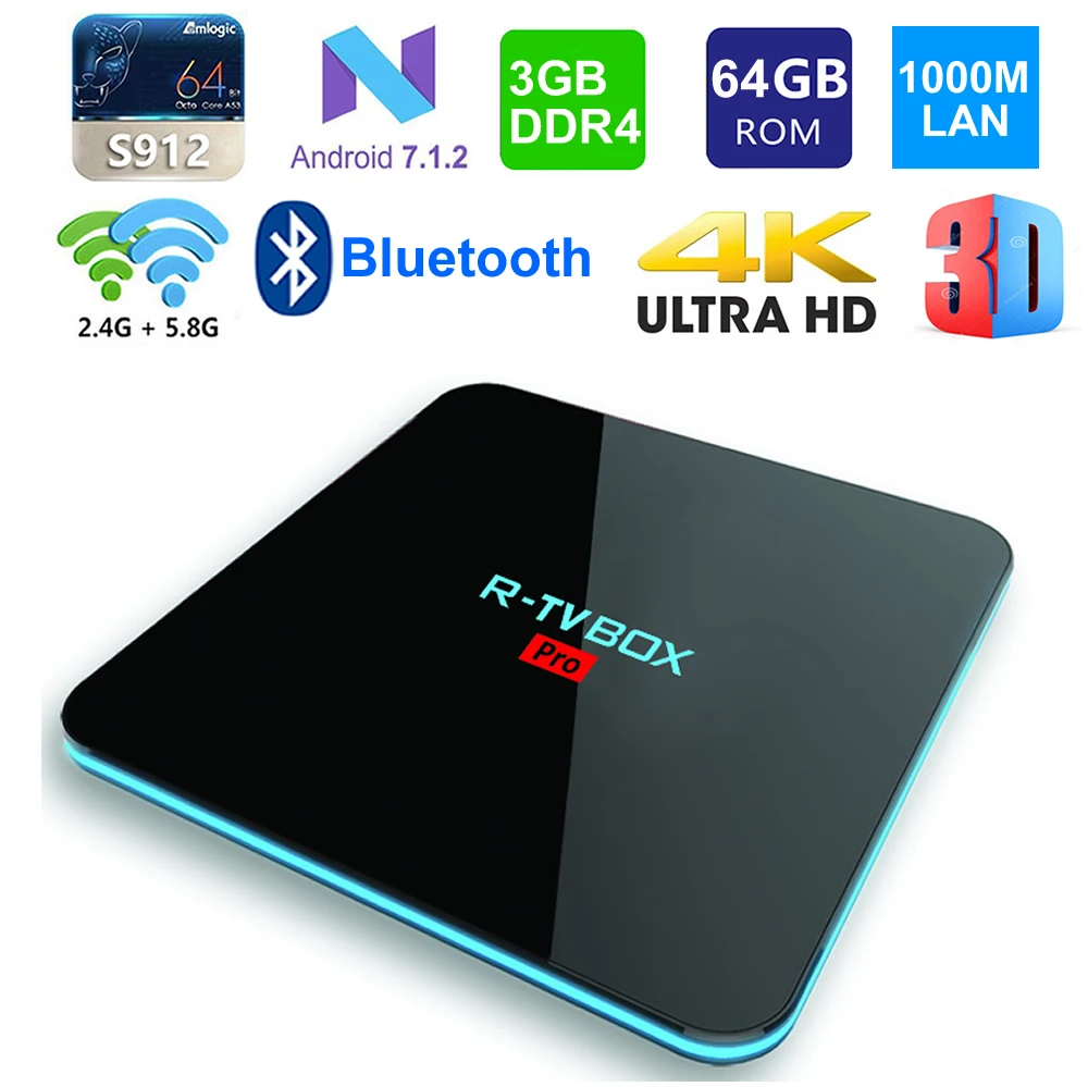 R-TV BOX PRO Android 7.1 TV Box Amlogic S912 Octa core 3GB DDR4 Ram 64GB Rom IPTV Set-top Box H.265 4K 3D 5G Dual WIFI BT4.0
R-TV BOX PRO Android 7.1 TV Box Amlogic S912 Octa core 3GB DDR4 Ram 64GB Rom IPTV Set-top Box H.265 4K 3D 5G Dual WIFI BT4.0