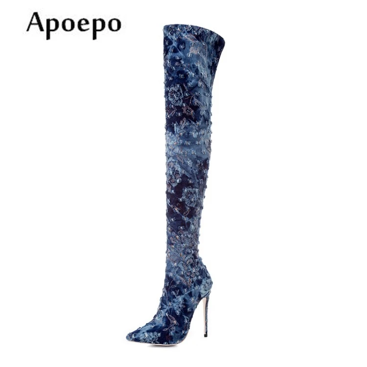 New women high heels boots pointed toe over the knee boots sexy denim blue thigh high boots thin heels long boots
New women high heels boots pointed toe over the knee boots sexy denim blue thigh high boots thin heels long boots