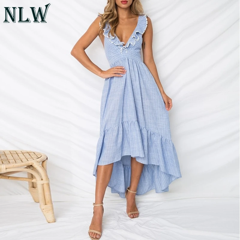 NLW Blue Striped Summer Dress Ruffle Peplum Long Dress 2019 Women V Neck Backless Sexy Dress Chic Backless Beach Party Vestidos
NLW Blue Striped Summer Dress Ruffle Peplum Long Dress 2019 Women V Neck Backless Sexy Dress Chic Backless Beach Party Vestidos