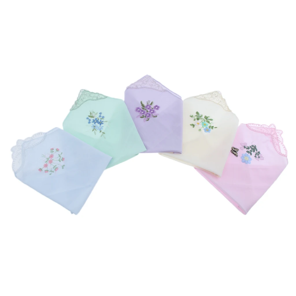 5 Pieces Women Ladies Cotton Handkerchiefs Floral Embroidered with Lace Edge 28 x 28cm
