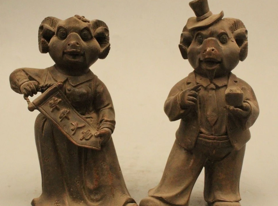 5"Chinese Folk Feng Shui Bronze Wealth Zodiac Year Sheep sir lady Couple Statue
5"Chinese Folk Feng Shui Bronze Wealth Zodiac Year Sheep sir lady Couple Statue