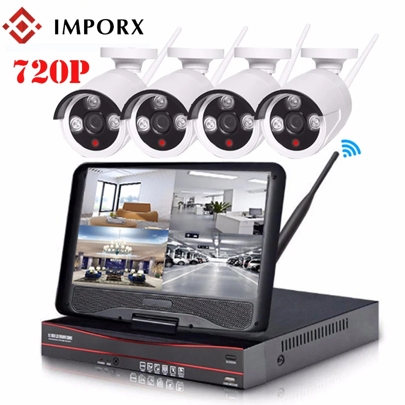 

IMPORX HD 4CH 1.0MP IP NVR CCTV Kit 4PCS 720P IP waterproof/bullet Camera IR P2P With 10"LCD 2TB HDD Security Camera System