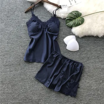 S-2XL Size Women's Sleepwear Sexy Satin Sleepwear Set Black Lace V-Neck Pyjamas Sleeveless Cute Cami Top and Short pijama mujer
S-2XL Size Women's Sleepwear Sexy Satin Sleepwear Set Black Lace V-Neck Pyjamas Sleeveless Cute Cami Top and Short pijama mujer