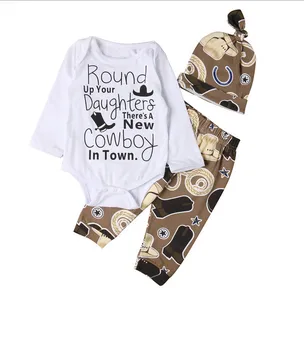 Long Sleeve Cotton Newborn Baby Boy Girl Cowboy Letter Print Romper Pants Leggings Hat 3pcs Outfits Clothes Set Costume Clothing
Long Sleeve Cotton Newborn Baby Boy Girl Cowboy Letter Print Romper Pants Leggings Hat 3pcs Outfits Clothes Set Costume Clothing