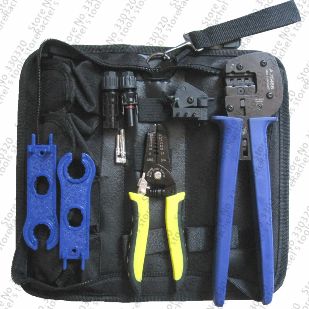 Multifunctional solar MC4 tool kits crimping tool set with cable stripping tool wire cutter MC4 connector and spanner
Multifunctional solar MC4 tool kits crimping tool set with cable stripping tool wire cutter MC4 connector and spanner