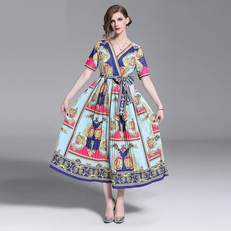 Summer Dress Sexy V Neck Short Sleeve Vintage Print Dress Elegant A-Line Party Dress with Belt Vestidos de fiesta 
Summer Dress Sexy V Neck Short Sleeve Vintage Print Dress Elegant A-Line Party Dress with Belt Vestidos de fiesta