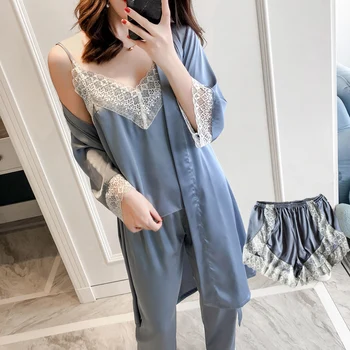 2020 Spring Ladies 4PCS Sleepwear Sexy Lace Trim Cami+Shorts+Pants+Robe Home Wear Lounge Nightwear Solid Pajama Pijama Set
2020 Spring Ladies 4PCS Sleepwear Sexy Lace Trim Cami+Shorts+Pants+Robe Home Wear Lounge Nightwear Solid Pajama Pijama Set