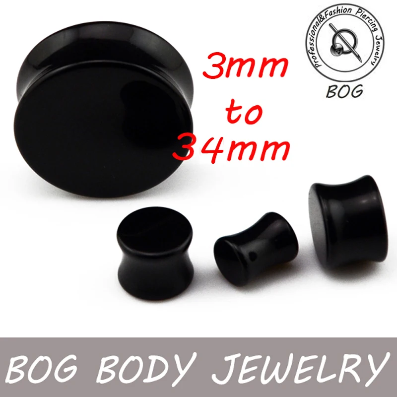 

BOG- Large Size Pair Black Acrylic High Polished Double Flare Saddle Flesh Ear Tunnels Plugs Stretcher Expanders Earlets Gauge