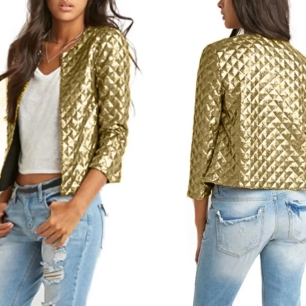 Women Three Quarter Sleeve Lozenge Short Coat Autumn Winter No Buttons Jacket Spring Style Vogue lady Gold Sequins Outwears
Women Three Quarter Sleeve Lozenge Short Coat Autumn Winter No Buttons Jacket Spring Style Vogue lady Gold Sequins Outwears